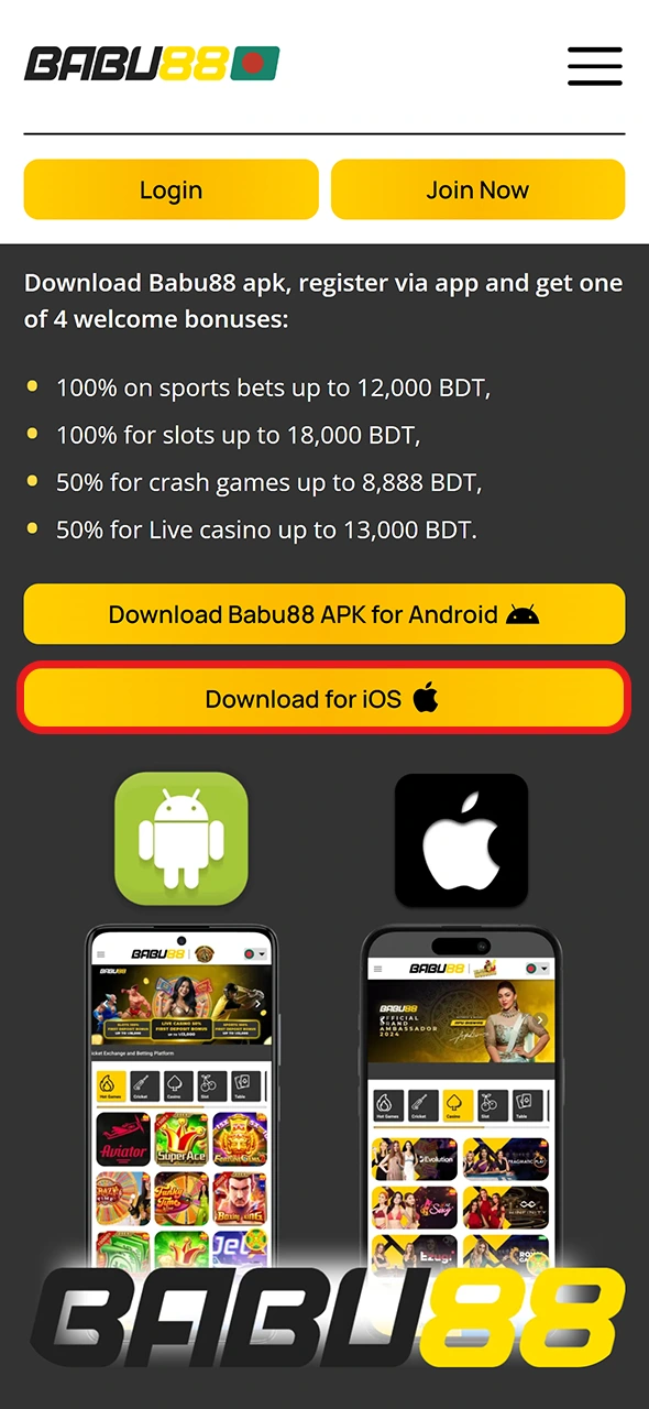 To install Babu88 app on iOS devices, tap on Download for iOS.